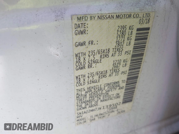 2018 Nissan Murano SV with VIN 5N1AZ2MH7JN139502, listed as a IAAI auction lot 42038269 with 43,291 mi miles and . Bid and sale history available at DreamBid. Image 9.