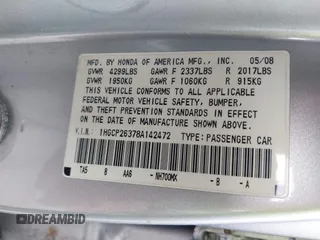 2008 Honda Accord LX z VIN 1HGCP26378A142472, wystawiony jako IAAI lot #42315943 z przebiegiem 217 985 mil mil oraz . Historia ofert i sprzedaży dostępna na DreamBid. Obrazek 9.