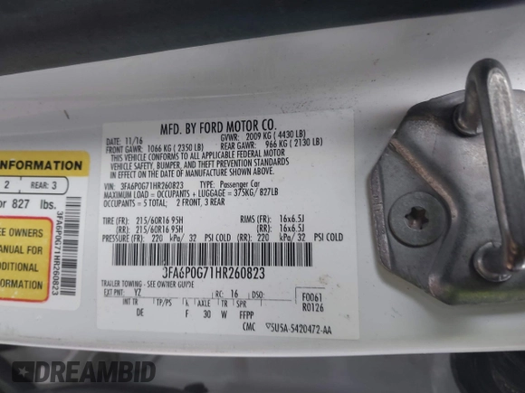 2017 Ford Fusion S with VIN 3FA6P0G71HR260823, listed as a IAAI auction lot 41690056 with 177,525 mi miles. Bid and sale history available at carsss.com. Image 9.