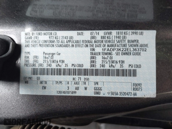 2014 Ford Focus SE with VIN 1FADP3K22EL363702, listed as a IAAI auction lot 42010258 with 96,392 mi miles. Bid and sale history available at carsss.com. Image 9.