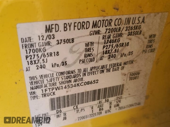 2004 Ford F-150 XLT с VIN 1FTPW14534KC08652, выставлен на аукционе Copart как лот 61236975 с пробегом 197 953 миль миль и Списание • Salvage title. История ставок и продаж доступна на DreamBid. Изображение 12.