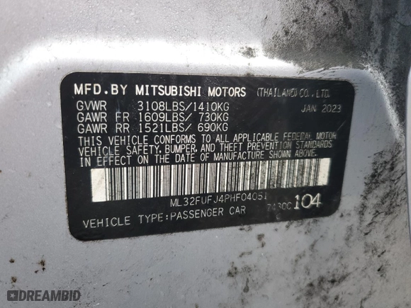 2023 Mitsubishi Mirage G4 ES with VIN ML32FUFJ4PHF04051, listed as a Copart auction lot 44308355 with 61,671 mi miles and Salvage Title. Bid and sale history available at carsss.com. Image 15.