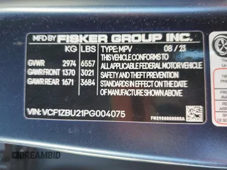 2023 Fisker Ocean One z VIN VCF1ZBU21PG004075, wystawiony jako Copart lot #48259195 z przebiegiem Nie podano mil oraz Nie do naprawy • Non repairable. Historia ofert i sprzedaży dostępna na DreamBid. Obrazek 16.