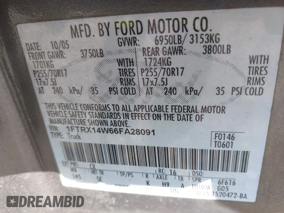 2006 Ford F-150 STX with VIN 1FTRX14W66FA28091, listed as a IAAI auction lot 42186810 with 139,791 mi miles and . Bid and sale history available at DreamBid. Image 9.