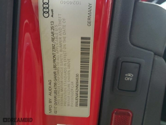 2017 Audi A4 Premium Plus with VIN WAUENAF42HN064530, listed as a Copart auction lot 42356025 with 72,892 mi miles and Salvage Title. Bid and sale history available at carsss.com. Image 12.