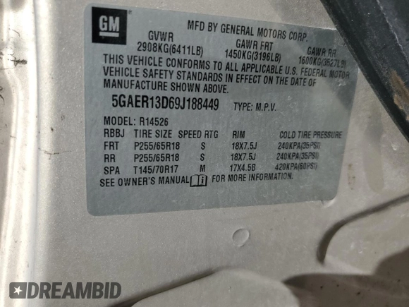 2009 Buick Enclave CX with VIN 5GAER13D69J188449, listed as a Copart auction lot 87028144 with Not Provided miles and Clean Title. Bid and sale history available at DreamBid. Image 13.