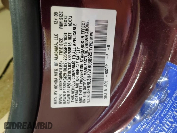 2010 Honda Odyssey EX with VIN 5FNRL3H47AB036925, listed as a Copart auction lot 57555365 with 178,790 mi miles and Salvage title. Bid and sale history available at DreamBid. Image 13.