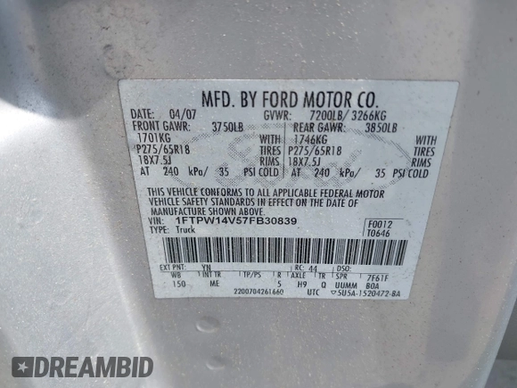 2007 Ford F-150 XLT with VIN 1FTPW14V57FB30839, listed as a IAAI auction lot 42234228 with 171,248 mi miles and . Bid and sale history available at DreamBid. Image 9.