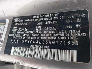 2017 Kia Optima EX with VIN 5XXGU4L35HG121651, listed as a IAAI auction lot 42155324 with 204,302 mi miles and . Bid and sale history available at DreamBid. Image 9.