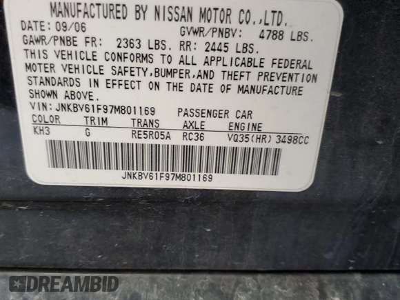 2007 Infiniti G35 G35x with VIN JNKBV61F97M801169, listed as a Copart auction lot 49737244 with 160,391 mi miles and Clean Title. Bid and sale history available at DreamBid. Image 12.