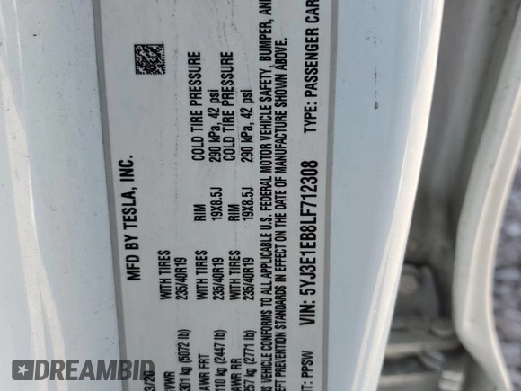 2020 Tesla Model 3 Long Range with VIN 5YJ3E1EB8LF712308, listed as a Copart auction lot 53265405 with 65,262 mi miles and Salvage Title. Bid and sale history available at DreamBid. Image 12.