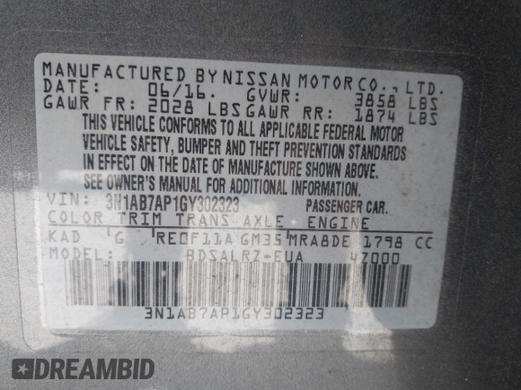 2016 Nissan Sentra SV with VIN 3N1AB7AP1GY302323, listed as a IAAI auction lot 41887218 with 138,335 mi miles and . Bid and sale history available at DreamBid. Image 9.