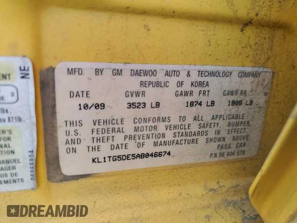 2010 Chevrolet Aveo 2LT with VIN KL1TG5DE5AB046674, listed as a Copart auction lot 51097495 with 120,577 mi miles and Salvage title. Bid and sale history available at DreamBid. Image 12.