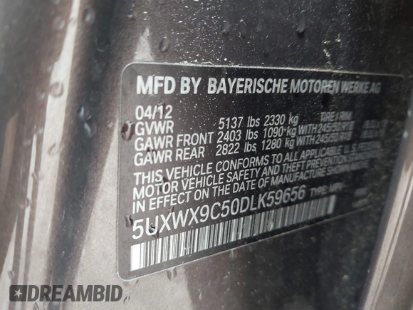 2013 BMW X3 xDrive28i with VIN 5UXWX9C50DLK59656, listed as a IAAI auction lot 41899196 with 130,417 mi miles. Bid and sale history available at carsss.com. Image 9.