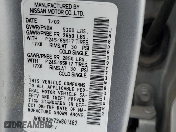 2003 Nissan Pathfinder LE z VIN JN8DR09Y73W801482, wystawiony jako Copart lot #56216005 z przebiegiem 238 781 mil mil oraz Szkoda całkowita • Salvage title. Historia ofert i sprzedaży dostępna na DreamBid. Obrazek 13.