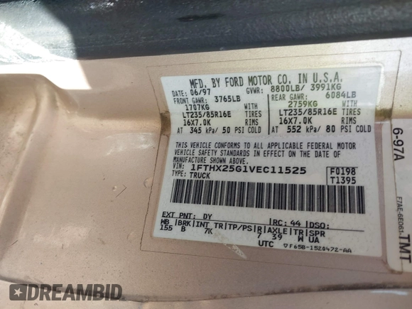 1997 Ford F-250 with VIN 1FTHX25G1VEC11525, listed as a IAAI auction lot 42063357 with 226,222 mi miles and . Bid and sale history available at DreamBid. Image 9.