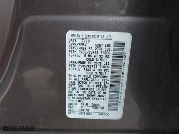 2010 Nissan Murano SL with VIN JN8AZ1MW1AW137143, listed as a IAAI auction lot 42027146 with 110,895 mi miles. Bid and sale history available at carsss.com. Image 9.