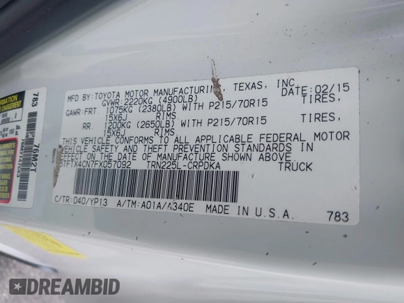 2015 Toyota Tacoma with VIN 5TFTX4CN7FX057092, listed as a IAAI auction lot 39318808 with 108,050 mi miles and . Bid and sale history available at DreamBid. Image 9.