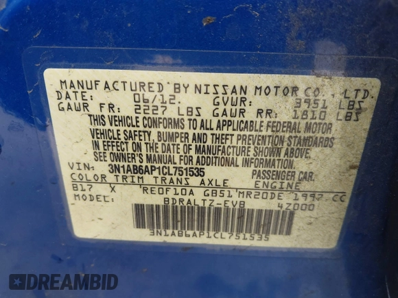 2012 Nissan Sentra SR with VIN 3N1AB6AP1CL751535, listed as a IAAI auction lot 42130948 with 227,261 mi miles and . Bid and sale history available at DreamBid. Image 9.