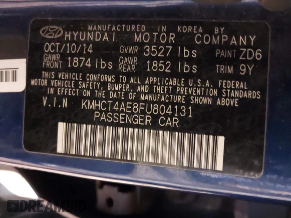 2015 Hyundai Accent GLS with VIN KMHCT4AE8FU804131, listed as a IAAI auction lot 40239486 with 140,102 mi miles and . Bid and sale history available at DreamBid. Image 9.