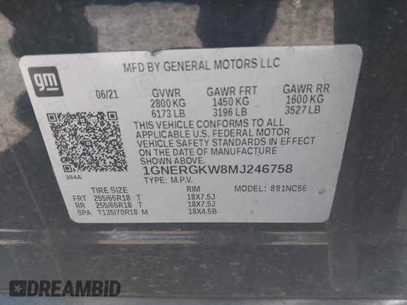 2021 Chevrolet Traverse LT Cloth z VIN 1GNERGKW8MJ246758, wystawiony jako IAAI lot #42008379 z przebiegiem 86 601 mil mil oraz . Historia ofert i sprzedaży dostępna na DreamBid. Obrazek 9.