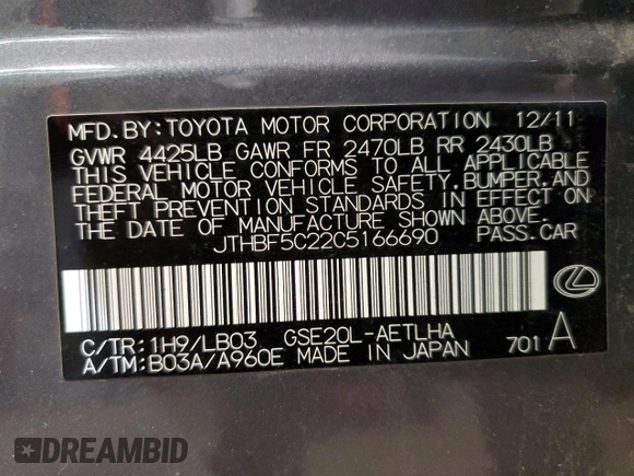 2012 Lexus IS 250 with VIN JTHBF5C22C5166690, listed as a Copart auction lot 46827125 with 98,001 mi miles and Salvage Title. Bid and sale history available at DreamBid. Image 12.