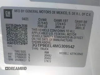 2021 GMC Sierra 1500 AT4 with VIN 3GTP9EEL4MG309542, listed as a IAAI auction lot 41293081 with 1 mi miles. Bid and sale history available at carsss.com. Image 9.