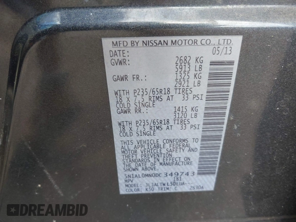 2013 Infiniti JX35 with VIN 5N1AL0MN0DC349743, listed as a IAAI auction lot 42151277 with 183,894 mi miles. Bid and sale history available at carsss.com. Image 9.