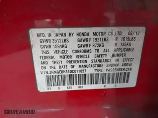 2013 Honda Fit with VIN JHMGE8H34DC011857, listed as a IAAI auction lot 41538265 with 72,171 mi miles. Bid and sale history available at carsss.com. Image 9.