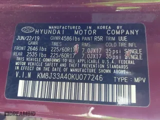 2019 Hyundai Tucson Value with VIN KM8J33A40KU077246, listed as a IAAI auction lot 41344888 with 72,259 mi miles. Bid and sale history available at carsss.com. Image 9.