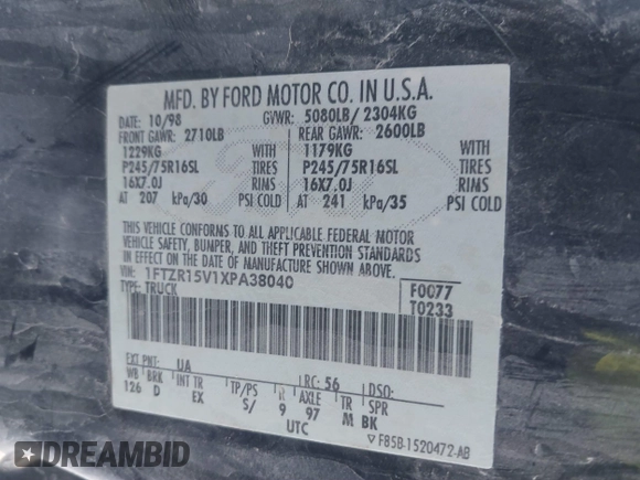 1999 Ford Ranger XL with VIN 1FTZR15V1XPA38040, listed as a IAAI auction lot 41762424 with 208,473 mi miles. Bid and sale history available at carsss.com. Image 9.