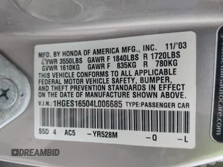 2004 Honda Civic LX with VIN 1HGES16504L006685, listed as a IAAI auction lot 42041190 with 172,355 mi miles and . Bid and sale history available at DreamBid. Image 9.