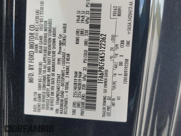 2019 Ford Mustang GT with VIN 1FA6P8CF6K5122362, listed as a Copart auction lot 54122165 with 67,371 mi miles and Salvage title. Bid and sale history available at DreamBid. Image 12.