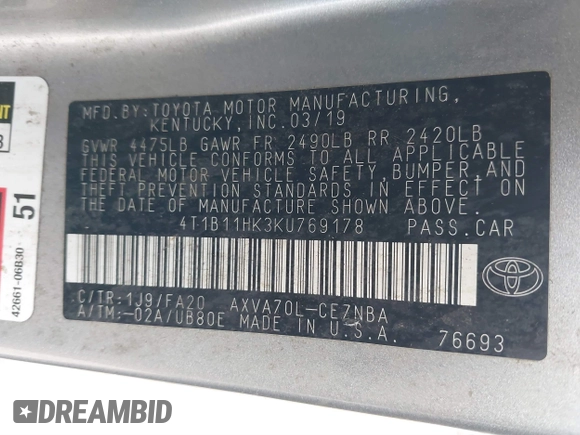 2019 Toyota Camry LE z VIN 4T1B11HK3KU769178, wystawiony jako IAAI lot #41348861 z przebiegiem 121 069 mil mil oraz . Historia ofert i sprzedaży dostępna na DreamBid. Obrazek 9.