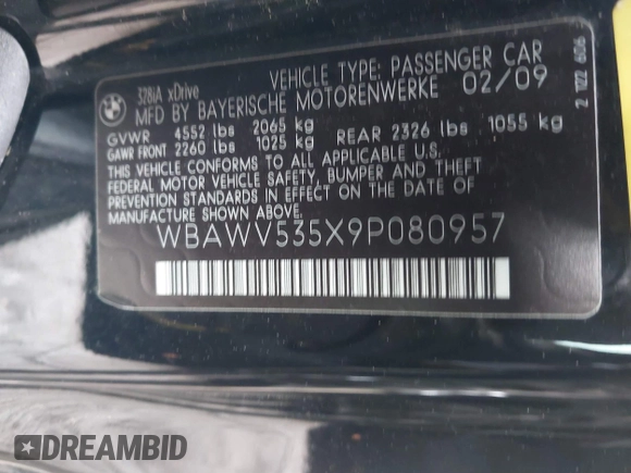 2009 BMW 3 Series 328i xDrive with VIN WBAWV535X9P080957, listed as a IAAI auction lot 40878730 with 94,892 mi miles and . Bid and sale history available at carsss.com. Image 9.
