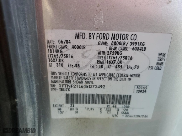 2004 Ford Super Duty F-250 XL with VIN 1FTNF21L64ED72492, listed as a Copart auction lot 46977125 with NaN miles and Salvage Title. Bid and sale history available at carsss.com. Image 12.