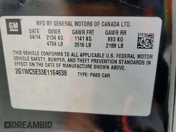 2014 Chevrolet Impala LTZ with VIN 2G1WC5E33E1164638, listed as a Copart auction lot 58699635 with 189,636 mi miles and Salvage title. Bid and sale history available at DreamBid. Image 12.