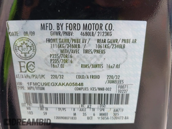 2010 Ford Escape Limited z VIN 1FMCU9EGXAKA05848, wystawiony jako IAAI lot #42381089 z przebiegiem 183 442 mil mil oraz . Historia ofert i sprzedaży dostępna na DreamBid. Obrazek 9.