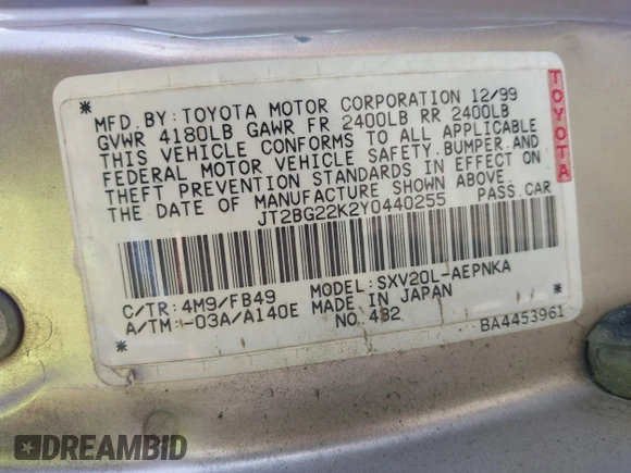 2000 Toyota Camry CE z VIN JT2BG22K2Y0440255, wystawiony jako IAAI lot #42088080 z przebiegiem 353 102 mil mil oraz . Historia ofert i sprzedaży dostępna na DreamBid. Obrazek 9.