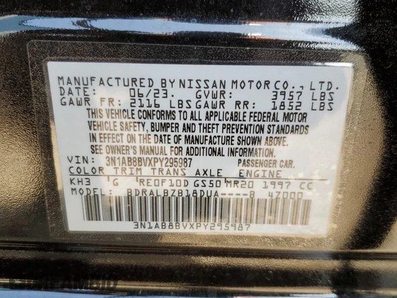 2023 Nissan Sentra S with VIN 3N1AB8BVXPY295987, listed as a Copart auction lot 50635915 with 16,048 mi miles and Salvage Title. Bid and sale history available at DreamBid. Image 13.