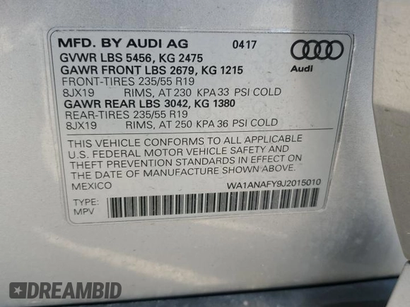 2018 Audi Q5 Premium with VIN WA1ANAFY9J2015010, listed as a Copart auction lot 52415665 with 103,420 mi miles and Salvage Title. Bid and sale history available at carsss.com. Image 14.