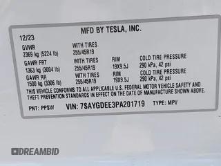 2023 Tesla Model Y Long Range with VIN 7SAYGDEE3PA201719, listed as a IAAI auction lot 42048816 with Not Provided miles and . Bid and sale history available at DreamBid. Image 9.