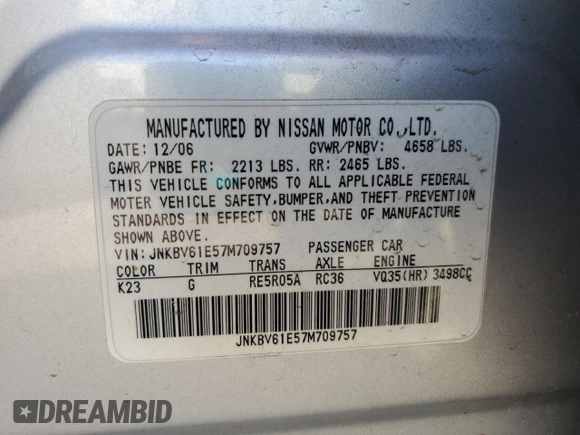 2007 Infiniti G35 Journey with VIN JNKBV61E57M709757, listed as a Copart auction lot 73762714 with Not Provided miles and Salvage Title. Bid and sale history available at DreamBid. Image 14.