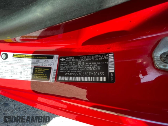 2011 MINI Hardtop S with VIN WMWSV3C57BTY20433, listed as a Copart auction lot 49290455 with 156,698 mi miles and Clean Title. Bid and sale history available at DreamBid. Image 10.