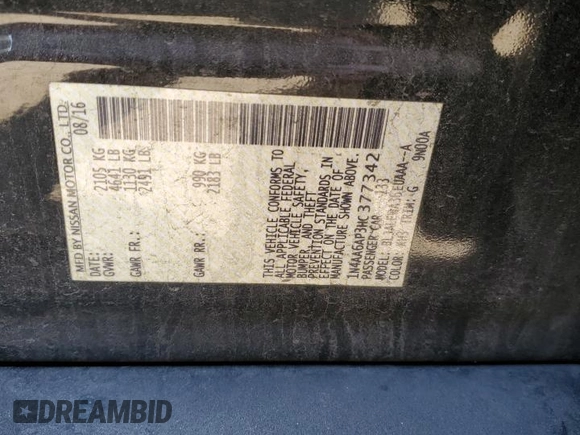 2017 Nissan Maxima SV with VIN 1N4AA6AP3HC377342, listed as a Copart auction lot 46506945 with 118,544 mi miles and Salvage Title. Bid and sale history available at DreamBid. Image 13.