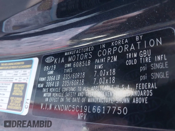 2020 Kia Sedona EX with VIN KNDMC5C19L6617750, listed as a IAAI auction lot 41772439 with 59,635 mi miles. Bid and sale history available at carsss.com. Image 9.