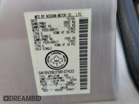 2005 Nissan Quest SE with VIN 5N1BV28U15N107433, listed as a Copart auction lot 66974314 with 0 mi miles and Clean Title. Bid and sale history available at carsss.com. Image 13.