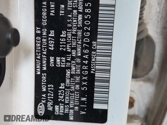 2013 Kia Optima SX with VIN 5XXGR4A67DG205852, listed as a Copart auction lot 59938975 with 190,329 mi miles and Salvage title. Bid and sale history available at DreamBid. Image 12.