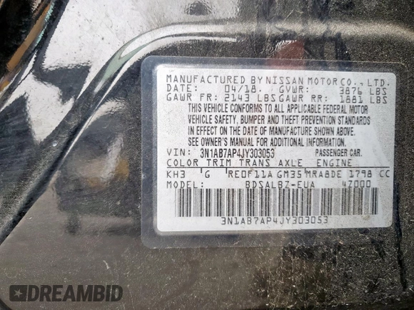 2018 Nissan Sentra S with VIN 3N1AB7AP4JY303053, listed as a Copart auction lot 46228845 with 118,855 mi miles and Clean Title. Bid and sale history available at DreamBid. Image 13.