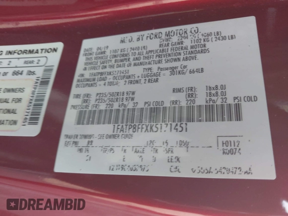 2019 Ford Mustang GT Premium with VIN 1FATP8FFXK5171451, listed as a IAAI auction lot 42211513 with 43,027 mi miles and . Bid and sale history available at DreamBid. Image 9.